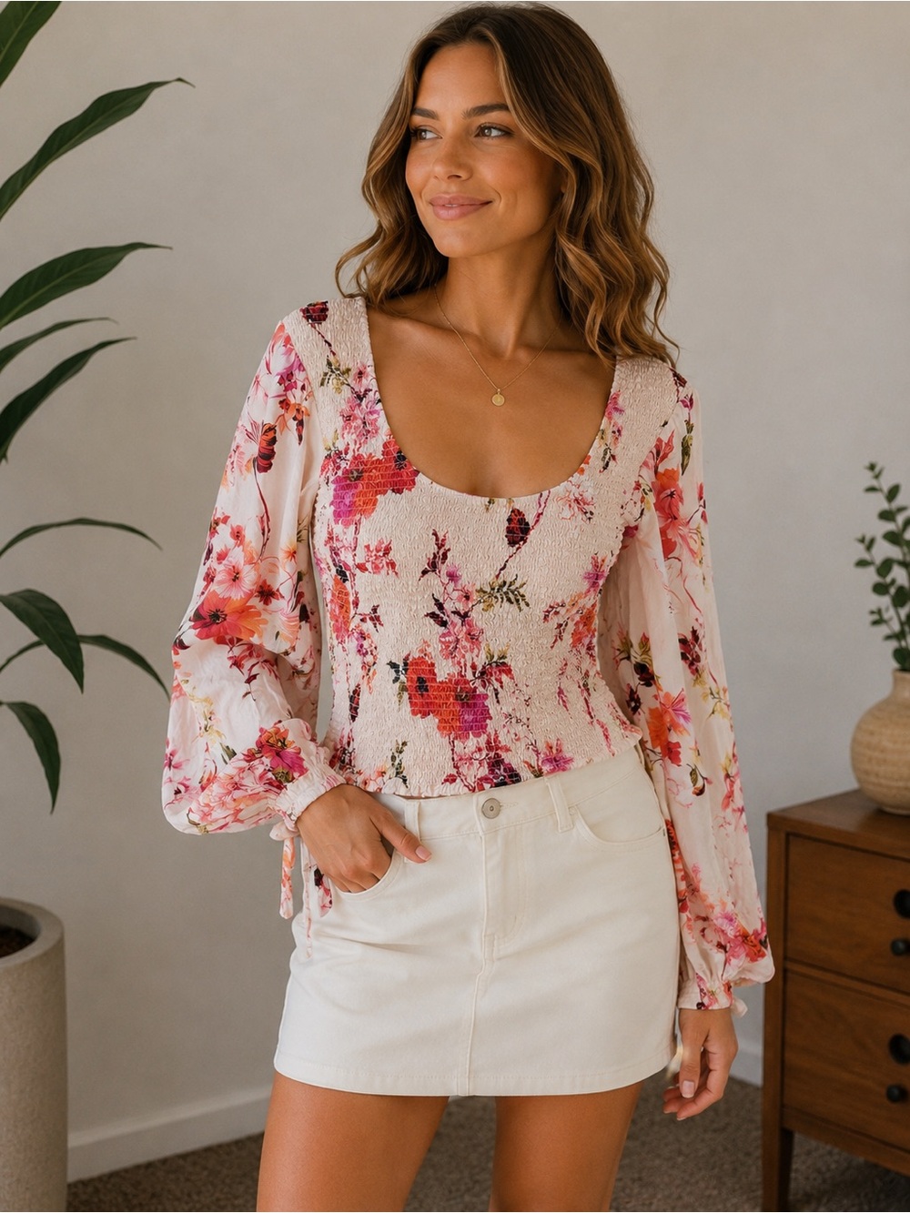Anthropologie  Floral Smocked Open Back Long Sleeve Top Size S